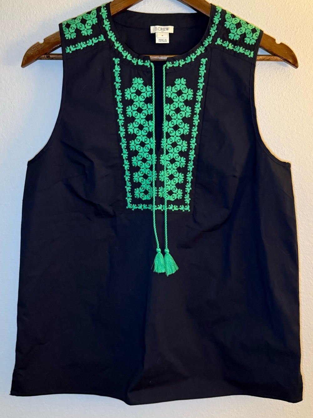 J. Crew Navy Sleeveless Top with Bright Green Embroidery